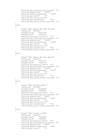 "setting.mat_software_aa_strength" "0"
"setting.defaultres" "1900"
"setting.defaultresheight" "1200"
"setting.gpu_level" "3"
"setting.mat_antialias" "4"
"setting.mat_forceaniso" "4"
"setting.mat_grain_scale_override" "1"
}
"209"
{
"name" "ATI Radeon HD 6400 Series"
"vendorid" "0x1002"
"mindeviceid" "0x6770"
"maxdeviceid" "0x6770"
"setting.csm_quality_level" "3"
"setting.mat_software_aa_strength" "1"
"setting.defaultres" "1900"
"setting.defaultresheight" "1200"
"setting.gpu_level" "3"
"setting.mat_antialias" "2"
"setting.mat_forceaniso" "4"
"setting.mat_grain_scale_override" "1"
}
"210"
{
"name" "ATI Radeon HD 5xxx Series"
"vendorid" "0x1002"
"mindeviceid" "0x6779"
"maxdeviceid" "0x6779"
"setting.csm_quality_level" "2"
"setting.mat_software_aa_strength" "0"
"setting.defaultres" "1900"
"setting.defaultresheight" "1200"
"setting.gpu_level" "3"
"setting.mat_antialias" "4"
"setting.mat_forceaniso" "4"
"setting.mat_grain_scale_override" "1"
}
"211"
{
"name" "ATI FirePro V8800 "
"vendorid" "0x1002"
"mindeviceid" "0x6888"
"maxdeviceid" "0x6888"
"setting.csm_quality_level" "0"
"setting.mat_software_aa_strength" "0"
"setting.defaultres" "640"
"setting.defaultresheight" "480"
"setting.gpu_level" "1"
"setting.mat_antialias" "0"
"setting.mat_forceaniso" "0"
"setting.mat_grain_scale_override" "1"
}
"212"
{
"name" "ATI FirePro V7800"
"vendorid" "0x1002"
"mindeviceid" "0x6889"
"maxdeviceid" "0x6889"
"setting.csm_quality_level" "0"
"setting.mat_software_aa_strength" "0"
"setting.defaultres" "640"
"setting.defaultresheight" "480"
"setting.gpu_level" "1"
 