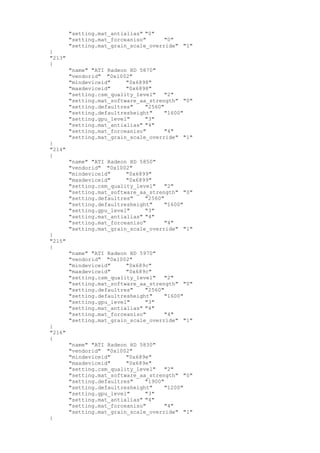 "setting.mat_antialias" "0"
"setting.mat_forceaniso" "0"
"setting.mat_grain_scale_override" "1"
}
"213"
{
"name" "ATI Radeon HD 5870"
"vendorid" "0x1002"
"mindeviceid" "0x6898"
"maxdeviceid" "0x6898"
"setting.csm_quality_level" "2"
"setting.mat_software_aa_strength" "0"
"setting.defaultres" "2560"
"setting.defaultresheight" "1600"
"setting.gpu_level" "3"
"setting.mat_antialias" "4"
"setting.mat_forceaniso" "4"
"setting.mat_grain_scale_override" "1"
}
"214"
{
"name" "ATI Radeon HD 5850"
"vendorid" "0x1002"
"mindeviceid" "0x6899"
"maxdeviceid" "0x6899"
"setting.csm_quality_level" "2"
"setting.mat_software_aa_strength" "0"
"setting.defaultres" "2560"
"setting.defaultresheight" "1600"
"setting.gpu_level" "3"
"setting.mat_antialias" "4"
"setting.mat_forceaniso" "4"
"setting.mat_grain_scale_override" "1"
}
"215"
{
"name" "ATI Radeon HD 5970"
"vendorid" "0x1002"
"mindeviceid" "0x689c"
"maxdeviceid" "0x689c"
"setting.csm_quality_level" "2"
"setting.mat_software_aa_strength" "0"
"setting.defaultres" "2560"
"setting.defaultresheight" "1600"
"setting.gpu_level" "3"
"setting.mat_antialias" "4"
"setting.mat_forceaniso" "4"
"setting.mat_grain_scale_override" "1"
}
"216"
{
"name" "ATI Radeon HD 5830"
"vendorid" "0x1002"
"mindeviceid" "0x689e"
"maxdeviceid" "0x689e"
"setting.csm_quality_level" "2"
"setting.mat_software_aa_strength" "0"
"setting.defaultres" "1900"
"setting.defaultresheight" "1200"
"setting.gpu_level" "3"
"setting.mat_antialias" "4"
"setting.mat_forceaniso" "4"
"setting.mat_grain_scale_override" "1"
}
 
