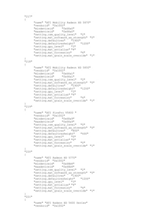 "217"
{
"name" "ATI Mobility Radeon HD 5870"
"vendorid" "0x1002"
"mindeviceid" "0x68a0"
"maxdeviceid" "0x68a0"
"setting.csm_quality_level" "2"
"setting.mat_software_aa_strength" "0"
"setting.defaultres" "1900"
"setting.defaultresheight" "1200"
"setting.gpu_level" "3"
"setting.mat_antialias" "4"
"setting.mat_forceaniso" "4"
"setting.mat_grain_scale_override" "1"
}
"218"
{
"name" "ATI Mobility Radeon HD 5850"
"vendorid" "0x1002"
"mindeviceid" "0x68a1"
"maxdeviceid" "0x68a1"
"setting.csm_quality_level" "2"
"setting.mat_software_aa_strength" "0"
"setting.defaultres" "1900"
"setting.defaultresheight" "1200"
"setting.gpu_level" "3"
"setting.mat_antialias" "4"
"setting.mat_forceaniso" "4"
"setting.mat_grain_scale_override" "1"
}
"219"
{
"name" "ATI FirePro V5800 "
"vendorid" "0x1002"
"mindeviceid" "0x68a9"
"maxdeviceid" "0x68a9"
"setting.csm_quality_level" "0"
"setting.mat_software_aa_strength" "0"
"setting.defaultres" "800"
"setting.defaultresheight" "600"
"setting.gpu_level" "0"
"setting.mat_antialias" "0"
"setting.mat_forceaniso" "0"
"setting.mat_grain_scale_override" "1"
}
"220"
{
"name" "ATI Radeon HD 5770"
"vendorid" "0x1002"
"mindeviceid" "0x68b8"
"maxdeviceid" "0x68b8"
"setting.csm_quality_level" "2"
"setting.mat_software_aa_strength" "0"
"setting.defaultres" "1900"
"setting.defaultresheight" "1200"
"setting.gpu_level" "3"
"setting.mat_antialias" "4"
"setting.mat_forceaniso" "4"
"setting.mat_grain_scale_override" "1"
}
"221"
{
"name" "ATI Radeon HD 5600 Series"
"vendorid" "0x1002"
 