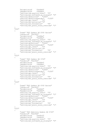 "mindeviceid" "0x68b9"
"maxdeviceid" "0x68b9"
"setting.csm_quality_level" "2"
"setting.mat_software_aa_strength" "0"
"setting.defaultres" "1900"
"setting.defaultresheight" "1200"
"setting.gpu_level" "3"
"setting.mat_antialias" "4"
"setting.mat_forceaniso" "4"
"setting.mat_grain_scale_override" "1"
}
"222"
{
"name" "ATI Radeon HD 6700 Series"
"vendorid" "0x1002"
"mindeviceid" "0x68ba"
"maxdeviceid" "0x68ba"
"setting.csm_quality_level" "3"
"setting.mat_software_aa_strength" "1"
"setting.defaultres" "1900"
"setting.defaultresheight" "1200"
"setting.gpu_level" "3"
"setting.mat_antialias" "4"
"setting.mat_forceaniso" "4"
"setting.mat_grain_scale_override" "1"
}
"223"
{
"name" "ATI Radeon HD 5750"
"vendorid" "0x1002"
"mindeviceid" "0x68be"
"maxdeviceid" "0x68be"
"setting.csm_quality_level" "2"
"setting.mat_software_aa_strength" "0"
"setting.defaultres" "1900"
"setting.defaultresheight" "1200"
"setting.gpu_level" "3"
"setting.mat_antialias" "4"
"setting.mat_forceaniso" "4"
"setting.mat_grain_scale_override" "1"
}
"224"
{
"name" "ATI Radeon HD 6700 Series"
"vendorid" "0x1002"
"mindeviceid" "0x68bf"
"maxdeviceid" "0x68bf"
"setting.csm_quality_level" "3"
"setting.mat_software_aa_strength" "1"
"setting.defaultres" "1900"
"setting.defaultresheight" "1200"
"setting.gpu_level" "3"
"setting.mat_antialias" "4"
"setting.mat_forceaniso" "4"
"setting.mat_grain_scale_override" "1"
}
"225"
{
"name" "ATI Mobility Radeon HD 5730"
"vendorid" "0x1002"
"mindeviceid" "0x68c0"
"maxdeviceid" "0x68c0"
"setting.csm_quality_level" "2"
"setting.mat_software_aa_strength" "0"
 