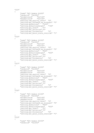 "255"
{
"name" "ATI Radeon X1600"
"vendorid" "0x1002"
"mindeviceid" "0x7160"
"maxdeviceid" "0x7160"
"setting.csm_quality_level" "0"
"setting.mat_software_aa_strength" "0"
"setting.defaultres" "1024"
"setting.defaultresheight" "768"
"setting.gpu_level" "1"
"setting.mat_antialias" "0"
"setting.mat_forceaniso" "2"
"setting.mat_grain_scale_override" "1"
}
"256"
{
"name" "ATI Radeon X1300"
"vendorid" "0x1002"
"mindeviceid" "0x7162"
"maxdeviceid" "0x7162"
"setting.csm_quality_level" "0"
"setting.mat_software_aa_strength" "0"
"setting.defaultres" "800"
"setting.defaultresheight" "600"
"setting.gpu_level" "0"
"setting.mat_antialias" "0"
"setting.mat_forceaniso" "0"
"setting.mat_grain_scale_override" "1"
}
"257"
{
"name" "ATI Radeon X1550"
"vendorid" "0x1002"
"mindeviceid" "0x7163"
"maxdeviceid" "0x7163"
"setting.csm_quality_level" "0"
"setting.mat_software_aa_strength" "0"
"setting.defaultres" "800"
"setting.defaultresheight" "600"
"setting.gpu_level" "0"
"setting.mat_antialias" "0"
"setting.mat_forceaniso" "0"
"setting.mat_grain_scale_override" "1"
}
"258"
{
"name" "ATI Radeon X1300"
"vendorid" "0x1002"
"mindeviceid" "0x7166"
"maxdeviceid" "0x7166"
"setting.csm_quality_level" "0"
"setting.mat_software_aa_strength" "0"
"setting.defaultres" "800"
"setting.defaultresheight" "600"
"setting.gpu_level" "0"
"setting.mat_antialias" "0"
"setting.mat_forceaniso" "0"
"setting.mat_grain_scale_override" "1"
}
"259"
{
"name" "ATI Radeon X1550"
"vendorid" "0x1002"
 