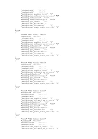 "mindeviceid" "0x7167"
"maxdeviceid" "0x7167"
"setting.csm_quality_level" "0"
"setting.mat_software_aa_strength" "0"
"setting.defaultres" "800"
"setting.defaultresheight" "600"
"setting.gpu_level" "0"
"setting.mat_antialias" "0"
"setting.mat_forceaniso" "0"
"setting.mat_grain_scale_override" "1"
}
"260"
{
"name" "ATI FireGL V3300"
"vendorid" "0x1002"
"mindeviceid" "0x7172"
"maxdeviceid" "0x7172"
"setting.csm_quality_level" "0"
"setting.mat_software_aa_strength" "0"
"setting.defaultres" "800"
"setting.defaultresheight" "600"
"setting.gpu_level" "0"
"setting.mat_antialias" "0"
"setting.mat_forceaniso" "0"
"setting.mat_grain_scale_override" "1"
}
"261"
{
"name" "ATI FireGL V3350"
"vendorid" "0x1002"
"mindeviceid" "0x7173"
"maxdeviceid" "0x7173"
"setting.csm_quality_level" "0"
"setting.mat_software_aa_strength" "0"
"setting.defaultres" "800"
"setting.defaultresheight" "600"
"setting.gpu_level" "0"
"setting.mat_antialias" "0"
"setting.mat_forceaniso" "0"
"setting.mat_grain_scale_override" "1"
}
"262"
{
"name" "ATI Radeon X1550"
"vendorid" "0x1002"
"mindeviceid" "0x717f"
"maxdeviceid" "0x717f"
"setting.csm_quality_level" "0"
"setting.mat_software_aa_strength" "0"
"setting.defaultres" "800"
"setting.defaultresheight" "600"
"setting.gpu_level" "0"
"setting.mat_antialias" "0"
"setting.mat_forceaniso" "0"
"setting.mat_grain_scale_override" "1"
}
"263"
{
"name" "ATI Radeon X1650"
"vendorid" "0x1002"
"mindeviceid" "0x7181"
"maxdeviceid" "0x7181"
"setting.csm_quality_level" "0"
"setting.mat_software_aa_strength" "0"
 