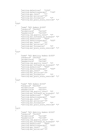 "setting.defaultres" "1024"
"setting.defaultresheight" "768"
"setting.gpu_level" "1"
"setting.mat_antialias" "0"
"setting.mat_forceaniso" "2"
"setting.mat_grain_scale_override" "1"
}
"264"
{
"name" "ATI Radeon X1300"
"vendorid" "0x1002"
"mindeviceid" "0x7183"
"maxdeviceid" "0x7183"
"setting.csm_quality_level" "0"
"setting.mat_software_aa_strength" "0"
"setting.defaultres" "800"
"setting.defaultresheight" "600"
"setting.gpu_level" "0"
"setting.mat_antialias" "0"
"setting.mat_forceaniso" "0"
"setting.mat_grain_scale_override" "1"
}
"265"
{
"name" "ATI Mobility Radeon X1450"
"vendorid" "0x1002"
"mindeviceid" "0x7186"
"maxdeviceid" "0x7186"
"setting.csm_quality_level" "0"
"setting.mat_software_aa_strength" "0"
"setting.defaultres" "800"
"setting.defaultresheight" "600"
"setting.gpu_level" "0"
"setting.mat_antialias" "0"
"setting.mat_forceaniso" "0"
"setting.mat_grain_scale_override" "1"
}
"266"
{
"name" "ATI Radeon X1550"
"vendorid" "0x1002"
"mindeviceid" "0x7187"
"maxdeviceid" "0x7187"
"setting.csm_quality_level" "0"
"setting.mat_software_aa_strength" "0"
"setting.defaultres" "800"
"setting.defaultresheight" "600"
"setting.gpu_level" "0"
"setting.mat_antialias" "0"
"setting.mat_forceaniso" "0"
"setting.mat_grain_scale_override" "1"
}
"267"
{
"name" "ATI Mobility Radeon X2300"
"vendorid" "0x1002"
"mindeviceid" "0x7188"
"maxdeviceid" "0x7188"
"setting.csm_quality_level" "0"
"setting.mat_software_aa_strength" "0"
"setting.defaultres" "800"
"setting.defaultresheight" "600"
"setting.gpu_level" "0"
"setting.mat_antialias" "0"
 