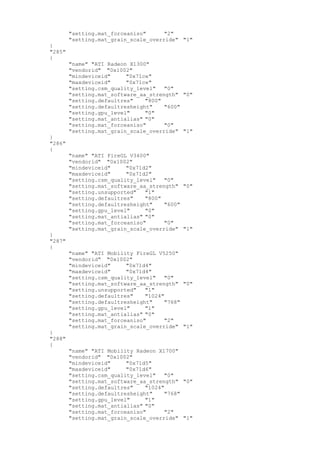 "setting.mat_forceaniso" "2"
"setting.mat_grain_scale_override" "1"
}
"285"
{
"name" "ATI Radeon X1300"
"vendorid" "0x1002"
"mindeviceid" "0x71ce"
"maxdeviceid" "0x71ce"
"setting.csm_quality_level" "0"
"setting.mat_software_aa_strength" "0"
"setting.defaultres" "800"
"setting.defaultresheight" "600"
"setting.gpu_level" "0"
"setting.mat_antialias" "0"
"setting.mat_forceaniso" "0"
"setting.mat_grain_scale_override" "1"
}
"286"
{
"name" "ATI FireGL V3400"
"vendorid" "0x1002"
"mindeviceid" "0x71d2"
"maxdeviceid" "0x71d2"
"setting.csm_quality_level" "0"
"setting.mat_software_aa_strength" "0"
"setting.unsupported" "1"
"setting.defaultres" "800"
"setting.defaultresheight" "600"
"setting.gpu_level" "0"
"setting.mat_antialias" "0"
"setting.mat_forceaniso" "0"
"setting.mat_grain_scale_override" "1"
}
"287"
{
"name" "ATI Mobility FireGL V5250"
"vendorid" "0x1002"
"mindeviceid" "0x71d4"
"maxdeviceid" "0x71d4"
"setting.csm_quality_level" "0"
"setting.mat_software_aa_strength" "0"
"setting.unsupported" "1"
"setting.defaultres" "1024"
"setting.defaultresheight" "768"
"setting.gpu_level" "1"
"setting.mat_antialias" "0"
"setting.mat_forceaniso" "2"
"setting.mat_grain_scale_override" "1"
}
"288"
{
"name" "ATI Mobility Radeon X1700"
"vendorid" "0x1002"
"mindeviceid" "0x71d5"
"maxdeviceid" "0x71d6"
"setting.csm_quality_level" "0"
"setting.mat_software_aa_strength" "0"
"setting.defaultres" "1024"
"setting.defaultresheight" "768"
"setting.gpu_level" "1"
"setting.mat_antialias" "0"
"setting.mat_forceaniso" "2"
"setting.mat_grain_scale_override" "1"
 