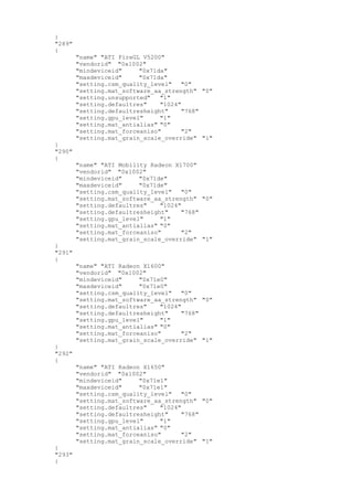 }
"289"
{
"name" "ATI FireGL V5200"
"vendorid" "0x1002"
"mindeviceid" "0x71da"
"maxdeviceid" "0x71da"
"setting.csm_quality_level" "0"
"setting.mat_software_aa_strength" "0"
"setting.unsupported" "1"
"setting.defaultres" "1024"
"setting.defaultresheight" "768"
"setting.gpu_level" "1"
"setting.mat_antialias" "0"
"setting.mat_forceaniso" "2"
"setting.mat_grain_scale_override" "1"
}
"290"
{
"name" "ATI Mobility Radeon X1700"
"vendorid" "0x1002"
"mindeviceid" "0x71de"
"maxdeviceid" "0x71de"
"setting.csm_quality_level" "0"
"setting.mat_software_aa_strength" "0"
"setting.defaultres" "1024"
"setting.defaultresheight" "768"
"setting.gpu_level" "1"
"setting.mat_antialias" "0"
"setting.mat_forceaniso" "2"
"setting.mat_grain_scale_override" "1"
}
"291"
{
"name" "ATI Radeon X1600"
"vendorid" "0x1002"
"mindeviceid" "0x71e0"
"maxdeviceid" "0x71e0"
"setting.csm_quality_level" "0"
"setting.mat_software_aa_strength" "0"
"setting.defaultres" "1024"
"setting.defaultresheight" "768"
"setting.gpu_level" "1"
"setting.mat_antialias" "0"
"setting.mat_forceaniso" "2"
"setting.mat_grain_scale_override" "1"
}
"292"
{
"name" "ATI Radeon X1650"
"vendorid" "0x1002"
"mindeviceid" "0x71e1"
"maxdeviceid" "0x71e1"
"setting.csm_quality_level" "0"
"setting.mat_software_aa_strength" "0"
"setting.defaultres" "1024"
"setting.defaultresheight" "768"
"setting.gpu_level" "1"
"setting.mat_antialias" "0"
"setting.mat_forceaniso" "2"
"setting.mat_grain_scale_override" "1"
}
"293"
{
 