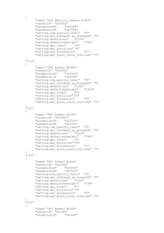 {
"name" "ATI Mobility Radeon X1900"
"vendorid" "0x1002"
"mindeviceid" "0x7284"
"maxdeviceid" "0x7284"
"setting.csm_quality_level" "0"
"setting.mat_software_aa_strength" "0"
"setting.defaultres" "1024"
"setting.defaultresheight" "768"
"setting.gpu_level" "2"
"setting.mat_antialias" "0"
"setting.mat_forceaniso" "2"
"setting.mat_grain_scale_override" "1"
}
"311"
{
"name" "ATI Radeon X1950"
"vendorid" "0x1002"
"mindeviceid" "0x7288"
"maxdeviceid" "0x7288"
"setting.csm_quality_level" "0"
"setting.mat_software_aa_strength" "0"
"setting.defaultres" "1280"
"setting.defaultresheight" "1024"
"setting.gpu_level" "2"
"setting.mat_antialias" "2"
"setting.mat_forceaniso" "4"
"setting.mat_grain_scale_override" "1"
}
"312"
{
"name" "ATI Radeon X1650"
"vendorid" "0x1002"
"mindeviceid" "0x7291"
"maxdeviceid" "0x7291"
"setting.csm_quality_level" "0"
"setting.mat_software_aa_strength" "0"
"setting.defaultres" "1024"
"setting.defaultresheight" "768"
"setting.gpu_level" "1"
"setting.mat_antialias" "0"
"setting.mat_forceaniso" "2"
"setting.mat_grain_scale_override" "1"
}
"313"
{
"name" "ATI Radeon X1650"
"vendorid" "0x1002"
"mindeviceid" "0x7293"
"maxdeviceid" "0x7293"
"setting.csm_quality_level" "0"
"setting.mat_software_aa_strength" "0"
"setting.defaultres" "1024"
"setting.defaultresheight" "768"
"setting.gpu_level" "1"
"setting.mat_antialias" "0"
"setting.mat_forceaniso" "2"
"setting.mat_grain_scale_override" "1"
}
"314"
{
"name" "ATI Radeon X1950"
"vendorid" "0x1002"
"mindeviceid" "0x72a0"
 