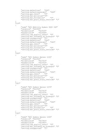 "setting.defaultres" "640"
"setting.defaultresheight" "480"
"setting.gpu_level" "0"
"setting.mat_antialias" "0"
"setting.mat_forceaniso" "0"
"setting.mat_grain_scale_override" "1"
}
"319"
{
"name" "ATI Mobility Radeon 9000 IGP"
"vendorid" "0x1002"
"mindeviceid" "0x7835"
"maxdeviceid" "0x7835"
"setting.csm_quality_level" "0"
"setting.mat_software_aa_strength" "0"
"setting.unsupported" "1"
"setting.defaultres" "640"
"setting.defaultresheight" "480"
"setting.gpu_level" "0"
"setting.mat_antialias" "0"
"setting.mat_forceaniso" "0"
"setting.mat_grain_scale_override" "1"
}
"320"
{
"name" "ATI Radeon Xpress 1200"
"vendorid" "0x1002"
"mindeviceid" "0x791e"
"maxdeviceid" "0x791e"
"setting.csm_quality_level" "0"
"setting.mat_software_aa_strength" "0"
"setting.unsupported" "1"
"setting.defaultres" "640"
"setting.defaultresheight" "480"
"setting.gpu_level" "0"
"setting.mat_antialias" "0"
"setting.mat_forceaniso" "0"
"setting.mat_grain_scale_override" "1"
}
"321"
{
"name" "ATI Radeon Xpress 1270"
"vendorid" "0x1002"
"mindeviceid" "0x791f"
"maxdeviceid" "0x791f"
"setting.csm_quality_level" "0"
"setting.mat_software_aa_strength" "0"
"setting.unsupported" "1"
"setting.defaultres" "640"
"setting.defaultresheight" "480"
"setting.gpu_level" "0"
"setting.mat_antialias" "0"
"setting.mat_forceaniso" "0"
"setting.mat_grain_scale_override" "1"
}
"322"
{
"name" "ATI Radeon Xpress 1200"
"vendorid" "0x1002"
"mindeviceid" "0x7941"
"maxdeviceid" "0x7941"
"setting.csm_quality_level" "0"
"setting.mat_software_aa_strength" "0"
"setting.unsupported" "1"
 