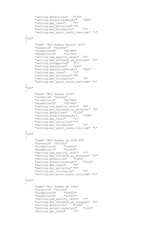 "setting.defaultres" "640"
"setting.defaultresheight" "480"
"setting.gpu_level" "0"
"setting.mat_antialias" "0"
"setting.mat_forceaniso" "0"
"setting.mat_grain_scale_override" "1"
}
"323"
{
"name" "ATI Radeon Xpress 1250"
"vendorid" "0x1002"
"mindeviceid" "0x7942"
"maxdeviceid" "0x7942"
"setting.csm_quality_level" "0"
"setting.mat_software_aa_strength" "0"
"setting.unsupported" "1"
"setting.defaultres" "640"
"setting.defaultresheight" "480"
"setting.gpu_level" "0"
"setting.mat_antialias" "0"
"setting.mat_forceaniso" "0"
"setting.mat_grain_scale_override" "1"
}
"324"
{
"name" "ATI Radeon 2100"
"vendorid" "0x1002"
"mindeviceid" "0x796e"
"maxdeviceid" "0x796e"
"setting.csm_quality_level" "0"
"setting.mat_software_aa_strength" "0"
"setting.defaultres" "1024"
"setting.defaultresheight" "768"
"setting.gpu_level" "1"
"setting.mat_antialias" "0"
"setting.mat_forceaniso" "0"
"setting.mat_grain_scale_override" "1"
}
"325"
{
"name" "ATI Radeon HD 2900 XT"
"vendorid" "0x1002"
"mindeviceid" "0x9400"
"maxdeviceid" "0x9400"
"setting.csm_quality_level" "1"
"setting.mat_software_aa_strength" "0"
"setting.defaultres" "1280"
"setting.defaultresheight" "1024"
"setting.gpu_level" "2"
"setting.mat_antialias" "2"
"setting.mat_forceaniso" "4"
"setting.mat_grain_scale_override" "1"
}
"326"
{
"name" "ATI Radeon HD 2900"
"vendorid" "0x1002"
"mindeviceid" "0x9403"
"maxdeviceid" "0x9403"
"setting.csm_quality_level" "1"
"setting.mat_software_aa_strength" "0"
"setting.defaultres" "1280"
"setting.defaultresheight" "1024"
"setting.gpu_level" "2"
 