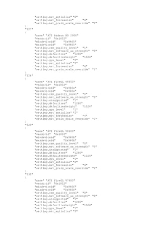"setting.mat_antialias" "2"
"setting.mat_forceaniso" "4"
"setting.mat_grain_scale_override" "1"
}
"327"
{
"name" "ATI Radeon HD 2900"
"vendorid" "0x1002"
"mindeviceid" "0x9405"
"maxdeviceid" "0x9405"
"setting.csm_quality_level" "1"
"setting.mat_software_aa_strength" "0"
"setting.defaultres" "1280"
"setting.defaultresheight" "1024"
"setting.gpu_level" "2"
"setting.mat_antialias" "2"
"setting.mat_forceaniso" "4"
"setting.mat_grain_scale_override" "1"
}
"328"
{
"name" "ATI FireGL V8650"
"vendorid" "0x1002"
"mindeviceid" "0x940a"
"maxdeviceid" "0x940a"
"setting.csm_quality_level" "0"
"setting.mat_software_aa_strength" "0"
"setting.unsupported" "1"
"setting.defaultres" "1280"
"setting.defaultresheight" "1024"
"setting.gpu_level" "1"
"setting.mat_antialias" "2"
"setting.mat_forceaniso" "4"
"setting.mat_grain_scale_override" "1"
}
"329"
{
"name" "ATI FireGL V8600"
"vendorid" "0x1002"
"mindeviceid" "0x940b"
"maxdeviceid" "0x940b"
"setting.csm_quality_level" "0"
"setting.mat_software_aa_strength" "0"
"setting.unsupported" "1"
"setting.defaultres" "1280"
"setting.defaultresheight" "1024"
"setting.gpu_level" "1"
"setting.mat_antialias" "2"
"setting.mat_forceaniso" "4"
"setting.mat_grain_scale_override" "1"
}
"330"
{
"name" "ATI FireGL V7600"
"vendorid" "0x1002"
"mindeviceid" "0x940f"
"maxdeviceid" "0x940f"
"setting.csm_quality_level" "0"
"setting.mat_software_aa_strength" "0"
"setting.unsupported" "1"
"setting.defaultres" "1280"
"setting.defaultresheight" "1024"
"setting.gpu_level" "1"
"setting.mat_antialias" "2"
 