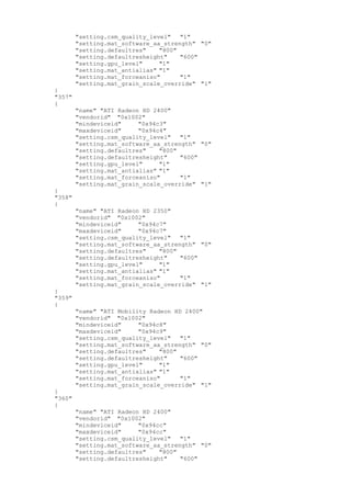 "setting.csm_quality_level" "1"
"setting.mat_software_aa_strength" "0"
"setting.defaultres" "800"
"setting.defaultresheight" "600"
"setting.gpu_level" "1"
"setting.mat_antialias" "1"
"setting.mat_forceaniso" "1"
"setting.mat_grain_scale_override" "1"
}
"357"
{
"name" "ATI Radeon HD 2400"
"vendorid" "0x1002"
"mindeviceid" "0x94c3"
"maxdeviceid" "0x94c4"
"setting.csm_quality_level" "1"
"setting.mat_software_aa_strength" "0"
"setting.defaultres" "800"
"setting.defaultresheight" "600"
"setting.gpu_level" "1"
"setting.mat_antialias" "1"
"setting.mat_forceaniso" "1"
"setting.mat_grain_scale_override" "1"
}
"358"
{
"name" "ATI Radeon HD 2350"
"vendorid" "0x1002"
"mindeviceid" "0x94c7"
"maxdeviceid" "0x94c7"
"setting.csm_quality_level" "1"
"setting.mat_software_aa_strength" "0"
"setting.defaultres" "800"
"setting.defaultresheight" "600"
"setting.gpu_level" "1"
"setting.mat_antialias" "1"
"setting.mat_forceaniso" "1"
"setting.mat_grain_scale_override" "1"
}
"359"
{
"name" "ATI Mobility Radeon HD 2400"
"vendorid" "0x1002"
"mindeviceid" "0x94c8"
"maxdeviceid" "0x94c9"
"setting.csm_quality_level" "1"
"setting.mat_software_aa_strength" "0"
"setting.defaultres" "800"
"setting.defaultresheight" "600"
"setting.gpu_level" "1"
"setting.mat_antialias" "1"
"setting.mat_forceaniso" "1"
"setting.mat_grain_scale_override" "1"
}
"360"
{
"name" "ATI Radeon HD 2400"
"vendorid" "0x1002"
"mindeviceid" "0x94cc"
"maxdeviceid" "0x94cc"
"setting.csm_quality_level" "1"
"setting.mat_software_aa_strength" "0"
"setting.defaultres" "800"
"setting.defaultresheight" "600"
 