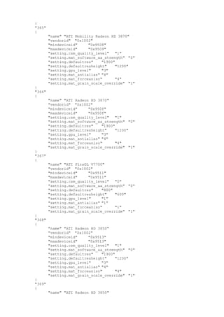 }
"365"
{
"name" "ATI Mobility Radeon HD 3870"
"vendorid" "0x1002"
"mindeviceid" "0x9508"
"maxdeviceid" "0x9509"
"setting.csm_quality_level" "1"
"setting.mat_software_aa_strength" "0"
"setting.defaultres" "1900"
"setting.defaultresheight" "1200"
"setting.gpu_level" "3"
"setting.mat_antialias" "4"
"setting.mat_forceaniso" "4"
"setting.mat_grain_scale_override" "1"
}
"366"
{
"name" "ATI Radeon HD 3870"
"vendorid" "0x1002"
"mindeviceid" "0x950f"
"maxdeviceid" "0x950f"
"setting.csm_quality_level" "1"
"setting.mat_software_aa_strength" "0"
"setting.defaultres" "1900"
"setting.defaultresheight" "1200"
"setting.gpu_level" "3"
"setting.mat_antialias" "4"
"setting.mat_forceaniso" "4"
"setting.mat_grain_scale_override" "1"
}
"367"
{
"name" "ATI FireGL V7700"
"vendorid" "0x1002"
"mindeviceid" "0x9511"
"maxdeviceid" "0x9511"
"setting.csm_quality_level" "0"
"setting.mat_software_aa_strength" "0"
"setting.defaultres" "800"
"setting.defaultresheight" "600"
"setting.gpu_level" "1"
"setting.mat_antialias" "1"
"setting.mat_forceaniso" "1"
"setting.mat_grain_scale_override" "1"
}
"368"
{
"name" "ATI Radeon HD 3850"
"vendorid" "0x1002"
"mindeviceid" "0x9513"
"maxdeviceid" "0x9513"
"setting.csm_quality_level" "1"
"setting.mat_software_aa_strength" "0"
"setting.defaultres" "1900"
"setting.defaultresheight" "1200"
"setting.gpu_level" "3"
"setting.mat_antialias" "4"
"setting.mat_forceaniso" "4"
"setting.mat_grain_scale_override" "1"
}
"369"
{
"name" "ATI Radeon HD 3850"
 