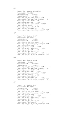 "42"
{
"name" "ATI Radeon 9500/9700"
"vendorid" "0x1002"
"mindeviceid" "0x4164"
"maxdeviceid" "0x4164"
"setting.csm_quality_level" "0"
"setting.mat_software_aa_strength" "0"
"setting.unsupported" "1"
"setting.defaultres" "800"
"setting.defaultresheight" "600"
"setting.gpu_level" "0"
"setting.mat_antialias" "0"
"setting.mat_forceaniso" "0"
"setting.mat_grain_scale_override" "1"
}
"43"
{
"name" "ATI Radeon 9800"
"vendorid" "0x1002"
"mindeviceid" "0x4168"
"maxdeviceid" "0x4168"
"setting.csm_quality_level" "0"
"setting.mat_software_aa_strength" "0"
"setting.unsupported" "1"
"setting.defaultres" "800"
"setting.defaultresheight" "600"
"setting.gpu_level" "0"
"setting.mat_antialias" "0"
"setting.mat_forceaniso" "0"
"setting.mat_grain_scale_override" "1"
}
"44"
{
"name" "ATI Radeon 9600"
"vendorid" "0x1002"
"mindeviceid" "0x4170"
"maxdeviceid" "0x4172"
"setting.csm_quality_level" "0"
"setting.mat_software_aa_strength" "0"
"setting.unsupported" "1"
"setting.defaultres" "800"
"setting.defaultresheight" "600"
"setting.gpu_level" "0"
"setting.mat_antialias" "0"
"setting.mat_forceaniso" "0"
"setting.mat_grain_scale_override" "1"
}
"45"
{
"name" "ATI Radeon 9550"
"vendorid" "0x1002"
"mindeviceid" "0x4173"
"maxdeviceid" "0x4173"
"setting.csm_quality_level" "0"
"setting.mat_software_aa_strength" "0"
"setting.unsupported" "1"
"setting.defaultres" "800"
"setting.defaultresheight" "600"
"setting.gpu_level" "0"
"setting.mat_antialias" "0"
"setting.mat_forceaniso" "0"
"setting.mat_grain_scale_override" "1"
}
 