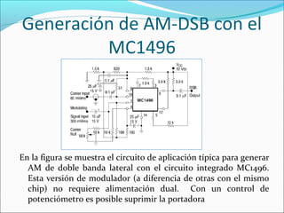Generación de AM-DSB con el
MC1496
En la figura se muestra el circuito de aplicación típica para generar
AM de doble banda lateral con el circuito integrado MC1496.
Esta versión de modulador (a diferencia de otras con el mismo
chip) no requiere alimentación dual. Con un control de
potenciómetro es posible suprimir la portadora
 