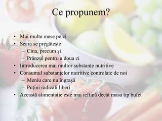 Ce propunem? Mai multe mese pe zi Seara se pregăteşte  Cina, precum şi Prânzul pentru a doua zi Introducerea mai multor substanţe nutritive Consumul substanţelor nutritive controlate de noi Meniu care nu îngraşă Puţini radicali liberi Această alimentaţie este mai ieftină decât masa tip bufet 