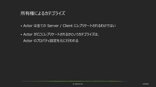 © historia Inc. #UE4DD
所有権によるカテゴライズ
 Actor は全ての Server / Client にレプリケートされるわけではい
 Actor がどこにレプリケートされるかというカテゴライズは、
Actor のプロパティ設定を元に行われる
 
