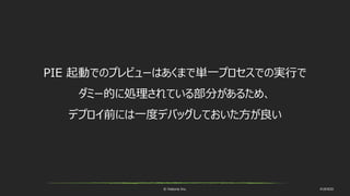 © historia Inc. #UE4DD
PIE 起動でのプレビューはあくまで単一プロセスでの実行で
ダミー的に処理されている部分があるため、
デプロイ前には一度デバッグしておいた方が良い
 