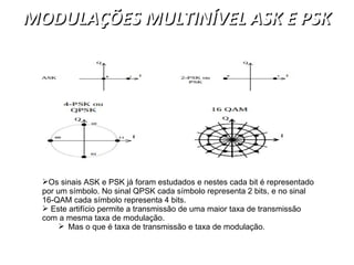 MODULAÇÕES MULTINÍVEL ASK E PSK
MODULAÇÕES MULTINÍVEL ASK E PSK
Os sinais ASK e PSK já foram estudados e nestes cada bit é representado
por um símbolo. No sinal QPSK cada símbolo representa 2 bits, e no sinal
16-QAM cada símbolo representa 4 bits.
 Este artifício permite a transmissão de uma maior taxa de transmissão
com a mesma taxa de modulação.
 Mas o que é taxa de transmissão e taxa de modulação.
 