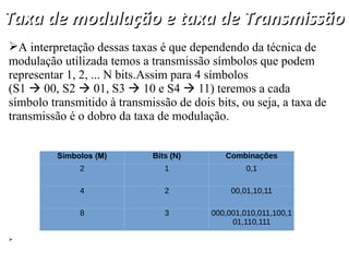 Taxa de modulação e taxa de Transmissão
Taxa de modulação e taxa de Transmissão
A interpretação dessas taxas é que dependendo da técnica de
modulação utilizada temos a transmissão símbolos que podem
representar 1, 2, ... N bits.Assim para 4 símbolos
(S1  00, S2  01, S3  10 e S4  11) teremos a cada
símbolo transmitido à transmissão de dois bits, ou seja, a taxa de
transmissão é o dobro da taxa de modulação.

Símbolos (M) Bits (N) Combinações
2 1 0,1
4 2 00,01,10,11
8 3 000,001,010,011,100,1
01,110,111
 