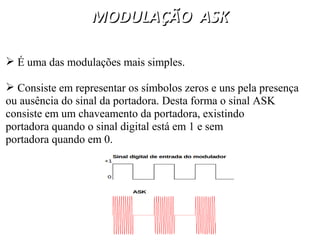 MODULAÇÃO ASK
MODULAÇÃO ASK
 É uma das modulações mais simples.
 Consiste em representar os símbolos zeros e uns pela presença
ou ausência do sinal da portadora. Desta forma o sinal ASK
consiste em um chaveamento da portadora, existindo
portadora quando o sinal digital está em 1 e sem
portadora quando em 0.
 