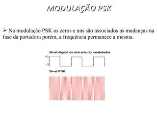 MODULAÇÃO PSK
MODULAÇÃO PSK
 Na modulação PSK os zeros e uns são associados as mudanças na
fase da portadora porém, a frequência permanece a mesma.
 