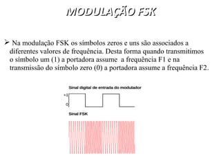 MODULAÇÃO FSK
MODULAÇÃO FSK
 Na modulação FSK os símbolos zeros e uns são associados a
diferentes valores de frequência. Desta forma quando transmitimos
o símbolo um (1) a portadora assume a frequência F1 e na
transmissão do símbolo zero (0) a portadora assume a frequência F2.
 