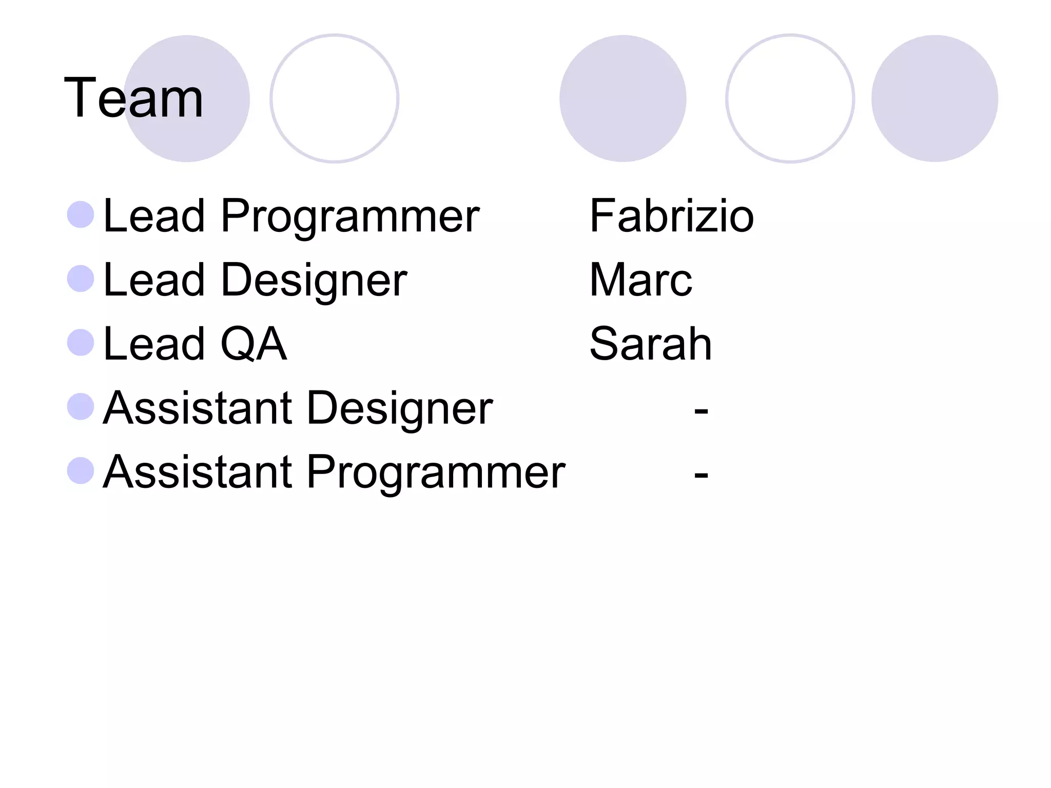 Team Lead Programmer Fabrizio Lead Designer Marc Lead QA Sarah Assistant Designer - Assistant Programmer - 