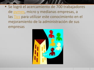  Se logró el acercamiento de 700 trabajadores 
de pymes, micro y medianas empresas, a 
las Tics para utilizar este conocimiento en el 
mejoramiento de la administración de sus 
empresas 
 