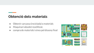 Obtenció dels materials
● Obtenir carcassa (reciclada) o materials
● Maquinari obsolet reutilitzat.
● compra de materials i eines pel disseny final
 