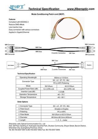 Technical Specification www.jfiberoptic.com
Mode Conditioning Patch cord (MCP)
Features
Compliant with IEEE802.3
Reduce DMD effects
Low insertion loss
Easy connection with various connectors
Applied in Gigabit Ethernet
Technical Specification
Order Options
Shenzhen Jiafu Optical Communication Co., Ltd
Add: 2&7Floor, Building A, Huilongda Industrial Park, Shuitian Community, Shiyan Street, Bao'an District,
Shenzhen City, Guangdong Province, China
Tel: 86-755-8357 0641 & 86-755-8357 0652 Fax: 86-755-8357 0649
Operating Wavelength 850nm or 1310nm
Connector Type
SC , LC , ST ,FC , MU
PC or APC Polishing
Mode 50/125um 62.5/125um
Coupled Power Ratio (dB) 12 ≤ CPR ≤ 20 28 ≤ CPR ≤ 40
Insertion Loss (dB) < 0.5dB
Operation Temperature -40 ~ 75℃
Storage Temperature -45 ~ 85℃
①Connector Type SC , LC , ST ,FC , MU
② Fiber Count Simplex or Duplex
③ Polishing PC or APC
④ Fiber Mode 50/125um or 62.5/125um
⑤ Diameter Φ0.9mm,Φ2.0mm,Φ30mm
⑥ Length 1 , 2 , 3 ...meter
 