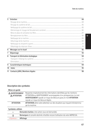 5 Entretien 84 
Rinçage de la machine ......................................................................................................................................... 84 
Rinçage du système de lait ................................................................................................................................. 85 
Nettoyage du système de lait ............................................................................................................................. 85 
Démontage et rinçage de l'écoulement combiné .......................................................................................... 86 
Mise en place et activation du filtre ...................................................................................................................87 
Remplacement du filtre ....................................................................................................................................... 88 
Nettoyage de la machine .................................................................................................................................... 89 
Détartrage de la machine ................................................................................................................................... 89 
Nettoyage du récipient à grains .......................................................................................................................... 91 
Détartrage du réservoir d’eau ............................................................................................................................. 91 
6 Messages sur le visuel 92 
7 Dépannage 93 
8 Transport et élimination écologique 94 
Transport / Vidange du système ........................................................................................................................ 94 
Elimination ............................................................................................................................................................. 94 
9 Caractéristiques techniques 94 
10 Index 95 
11 Contacts JURA / Mentions légales 98 
67 
de 
en 
fr 
it 
nl 
es 
pt 
ru 
Table des matières 
Description des symboles 
Mises en garde 
J AVERTISSEMENT 
J ATTENTION 
Respectez impérativement les informations identifiées par les mentions 
ATTENTION ou AVERTISSEMENT accompagnées d'un pictogramme. Le mot 
AVERTISSEMENT signale un risque de blessure grave, le mot ATTENTION 
signale un risque de blessure légère. 
ATTENTION ATTENTION attire votre attention sur des situations qui risquent d’endomma-ger 
la machine. 
Symboles utilisés 
T Demande d'action. Une action vous est demandée. 
E Remarques et conseils destinés à faciliter encore l'utilisation de votre IMPRESSA. 
« Espresso » Affichage 
 