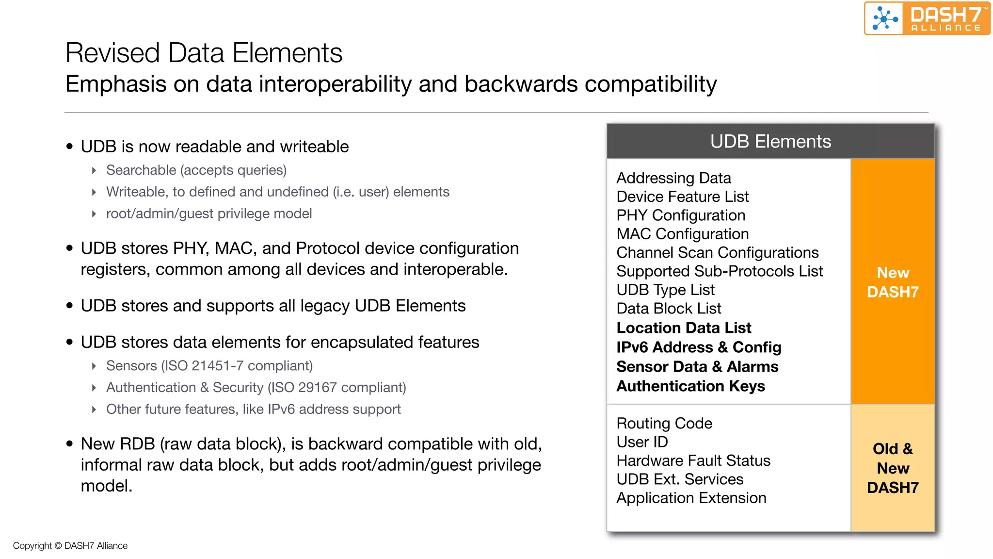 Revised Data Elements
           Emphasis on data interoperability and backwards compatibility

           • UDB is now readable and writeable                                          UDB Elements
                 ‣ Searchable (accepts queries)
                                                                            Addressing Data
                 ‣ Writeable, to deﬁned and undeﬁned (i.e. user) elements   Device Feature List
                 ‣ root/admin/guest privilege model                         PHY Conﬁguration
                                                                            MAC Conﬁguration
           • UDB stores PHY, MAC, and Protocol device conﬁguration          Channel Scan Conﬁgurations
             registers, common among all devices and interoperable.         Supported Sub-Protocols List    New
                                                                            UDB Type List                  DASH7
           • UDB stores and supports all legacy UDB Elements                Data Block List
                                                                            Location Data List
           • UDB stores data elements for encapsulated features             IPv6 Address & Conﬁg
                 ‣ Sensors (ISO 21451-7 compliant)                          Sensor Data & Alarms
                 ‣ Authentication & Security (ISO 29167 compliant)          Authentication Keys
                 ‣ Other future features, like IPv6 address support
                                                                            Routing Code
           • New RDB (raw data block), is backward compatible with old,     User ID                         Old &
             informal raw data block, but adds root/admin/guest privilege   Hardware Fault Status           New
             model.                                                         UDB Ext. Services
                                                                                                           DASH7
                                                                            Application Extension

Copyright © DASH7 Alliance
 