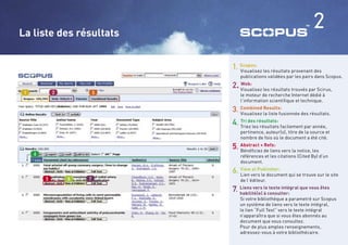La liste des résultats
                                                                    2
                             1. Scopus: les résultats provenant des
                                Visualisez
                                publications validées par les pairs dans Scopus.

                             2. Visualisez les résultats trouvés par Scirus,
                                Web:
 1           2           3      le moteur de recherche Internet dédié à
                                l’information scientiﬁque et technique.

                             3. Combined la liste fusionnée des résultats.
                                Visualisez
                                           Results:


                             4. Triez les résultats facilement par année,
                                Tri des résultats:

                                pertinence, auteur(s), titre de la source et
                                nombre de fois où le document a été cité.

                             5. Abstract + de liens vers la notice, les
                                Bénéﬁciez
                                           Refs:
     4                          références et les citations (Cited By) d’un
                                document.

                             6. Viewvers le document qui se trouve sur le site
                                Lien
                                     at Publisher:

         5       6   7          de l’éditeur.

                             7. Liens vers leconsulter: que vous êtes
                                habilité(e) à
                                              texte intégral
 