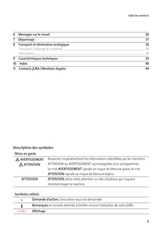 3
Table des matières
Mises en garde
J AVERTISSEMENT
J ATTENTION
Respectez impérativement les informations identifiées par les mentions
ATTENTION ou AVERTISSEMENT accompagnées d'un pictogramme.
Le mot AVERTISSEMENT signale un risque de blessure grave, le mot
ATTENTION signale un risque de blessure légère.
ATTENTION ATTENTION attire votre attention sur des situations qui risquent
d'endommager la machine.
Symboles utilisés
T Demande d'action. Une action vous est demandée.
E Remarques et conseils destinés à faciliter encore l'utilisation de votre JURA.
« Café » Affichage
Description des symboles
6 Messages sur le visuel 36
7 Dépannage 37
8 Transport et élimination écologique 38
Transport / Vidange du système...............................................................................................................38
Elimination...................................................................................................................................................38
9 Caractéristiques techniques 39
10 Index 40
11 Contacts JURA / Mentions légales 44
 