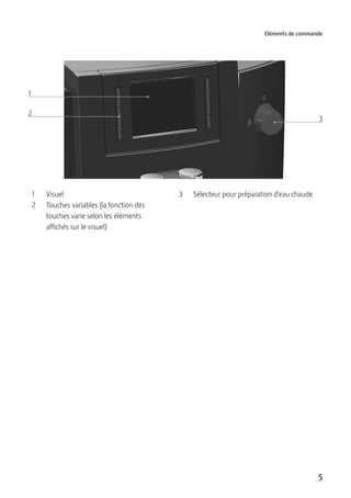 5
Eléments de commande
3
1
2
1 Visuel
2 Touches variables (la fonction des
touches varie selon les éléments
affichés sur le visuel)
3 Sélecteur pour préparation d'eau chaude
 