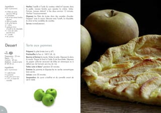 Préparation : 25 min
Repos : 1 h
Cuisson : 40 min
Matériel : moule à tarte
Ø 28-30 cm
Hachez l’oseille à l’aide du couteau métal et l’ajoutez dans
la poêle. Laissez fondre puis ajoutez la crème. Salez.
Poivrez. Laissez réduire* à feu doux environ 15 minutes.
Vérifiez l’assaisonnement.
Disposez les filets de truites dans des assiettes chaudes.
Nappez* avec la sauce. Décorez avec l’aneth, la ciboulette,
le citron et les rondelles de carottes.
Servez immédiatement.
Tarte aux pommes
Préparez la pâte brisée (voir p 47)
Préchauffez le four à 180°C (th. 6).
Beurrez et farinez le moule. Etalez la pâte. Déposez-la dans
le moule. Piquez le fond à l’aide d’une fourchette. Déposez
du papier sulfurisé recouvert de billes en céramique ou à
défaut par de haricots secs (ou du riz).
Faites cuire à blanc* pendant 20 minutes.
Emincez les pommes et disposez-les en cercles concentriques
bien serrés.
Laissez cuire 30 minutes.
Saupoudrez de sucre cristallisé et de cannelle avant de
servir tiède.
Ingrédients
(pour 4 personnes)
• 1 pâte brisée
• 3 pommes
• 50 g de sucre roux
• 1/2 c. à soupe de
cannelle
Dessert
Ingrédients
(pour 4 personnes)
• 4 filets de truite
(environ 900 g)
• 2 échalotes
• 60 ml de crème fraîche
épaisse
• 300 g d’oseille
• 40 g de beurre
• 1 citron
• quelques brins
d’aneth et de ciboulette
• 1 verre de cidre
bouché brut
• 1 carotte
• sel, poivre
36
 