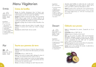 Préparation : 15 min
Cuisson : 40 min
Matériel : moule
ou ramequins
deuxième pâte feuilletée et soudez bien les 2 pâtes bord
à bord. Badigeonnez de jaune d’œuf le dessus de la
tourte, puis faites un petit trou (cheminée) au centre.
Mettez la tourte au four. Au bout de 15 min couvrez-la d’un
papier d’aluminium et continuez la cuisson 15 min. Au bout
de ce temps réglez le four sur 210°C (th. 7) et laissez cuire
encore 30 min.
Clafoutis aux prunes
Lavez et dénoyautez les prunes. Coupez-les en 6 et
réservez.
Préchauffez le four à 180°C (th. 6).
Mettez le beurre à fondre au bain-marie*.
Dans la cuve munie du couteau métal et de l'accessoire
Blendermix mélangez la farine, le sucre et le sel. Ajoutez
les œufs un à un par la goulotte puis le beurre fondu en laissant
tourner. Incorporez le lait tiédi par la goulotte
jusqu’à obtenir une pâte homogène.
Beurrez largement le moule et versez dessus la préparation.
Puis répartissez les morceaux de prunes.
Laissez cuire au four pendant 40 minutes. La pâte doit se
détacher des parois du moule.
Ingrédients
(pour 4 personnes)
• 3 grosses prunes violettes
• 100 g de farine
• 2 œufs
• 75 g de sucre en poudre
• 25 g de beurre
• 120 ml de lait tiédi
• 1 pincée de sel
Dessert
Ingrédients
(pour 4 personnes)
• 5 pommes de terre
moyennes
• 2 pâtes feuilletées
• 400 ml de lait
• 3 œufs + 1 jaune
• 100 g de crème fraîche
• 150 g de comté râpé
• 1 c.c. de muscade
• sel, poivre
Menu Végétarien
Crème de lentilles
Versez les lentilles directement dans le faitout avec
l’oignon coupé en 4 et la feuille de laurier. Ajoutez le bouillon
froid et laissez cuire 30 min à partir de l’ébullition.
Egouttez les lentilles en réservant le bouillon. Versez ensuite les
lentilles dans la cuve munie du couteau métal et de
l'accessoire Blendermix puis mixez en versant le bouillon petit
à petit par la goulotte afin d’éclaircir le potage.
Reversez le potage dans le faitout et faites réchauffer à feu
doux.
Déposez les croûtons de pains (dorés à la poêle) dans la
soupière et couvrez de la crème puis versez le potage.
Remuez.
Parsemez de cerfeuil haché. Servez aussitôt.
Ingrédients
(pour 4 personnes)
• 150 g de lentilles
vertes du Puy
• 1/2 litre de bouillon
• 1 petit oignon
• 1 feuille de laurier
• 1 c. c. de crème fraîche
• 10 petits croûtons
• 1/2 bouquet de cerfeuil
• sel, poivre
Emincez les pommes de terre à l’aide du disque éminceur.
Faites-les cuire 15 min dans le lait salé et poivré, puis laissez
refroidir.
Préchauffez le four à 240°C (th. 8).
Dans la cuve munie du couteau métal, mélangez la crème, la
muscade, une pincée de sel et les 3 œufs un par un.
Beurrez le moule et étalez dans le fond une pâte feuilletée.
Mettez une couche de comté, 1 couche de pommes de terre,
terminez par une couche de comté.
Versez sur le dessus le mélange aux œufs. Recouvrez de la
Entrée
Tourte aux pommes de terre
Préparation : 20 min
Cuisson : 60 min
Matériel : moule
Préparation : 15 min
Cuisson : 35 min
Matériel : faitout,
soupière
Plat
38 39
 