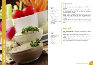 42
Préparation : 5 min
Pas de cuisson
Mayonnaise
Dans la mini cuve, mettez les jaunes d’œufs, 1 c.s. d’huile et la
moutarde.
Mettez en marche 20 secondes puis ajoutez la moitié de l’huile
par la goulotte en un mince filet au début puis plus épais
lorsque le mélange épaissit.
Ajoutez le sel et le poivre. Mettez en marche, versez par la
goulotte petit à petit le reste de l’huile en laissant tourner
l’appareil. Au dernier moment, si vous le souhaitez, versez le
vinaigre.
Astuce du chef : tous les ingrédients doivent être à température
ambiante. Pour une mayonnaise plus aérée, utilisez l’œuf
entier.
Ingrédients
(Pour 1 bol)
• 2 jaunes d’œufs
• 300 ml d’huile
• 1 c. à soupe de
moutarde forte
• 2 c. à soupe de vinaigre
(facultatif)
• sel, poivre
Préparation : 10 min
Pas de cuisson
Sauce aïoli
Pelez les gousses d’ail. Coupez-les en 2 et retirez la germe
central.
Mixez l’ail 20 secondes et laissez-le au fond de la cuve.
Préparez la mayonnaise sur le hachis d’ail en suivant la
recette.
Astuce du chef : à déguster avec des bâtonnets de légumes
ou en accompagnement de la fondue bourguignonne.
PRÉPARATIONS DE BASE
Ingrédients
(Pour 1 bol)
• 1 bol de mayonnaise
(300g)
• 3 gousses d’ail
Préparationsdebase
43
 