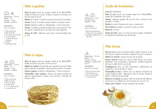 Préparation : 10 min
Repos: 1 h
Cuisson: 20 min
Matériel : moule Ø 28-
30 cm
Pâte brisée
Dans la cuve munie du couteau métal, mettez la farine, le sel
et le beurre coupé en morceaux. Ajoutez l’eau par l’ouverture.
Mettez en marche. Laissez tourner 20 secondes.
Laissez tourner jusqu’à ce que la pâte forme une boule.
Rabattez* avec la spatule si nécessaire. Arrêtez l’appareil
dès que la pâte forme une boule.
Enveloppez-la dans du film alimentaire, aplatissez-la et
mettez-la au frais pendant 1 heure.
Préchauffez le four à 180°C (th. 6). Beurrez et farinez le
moule. Etalez la pâte . Déposez-la dans le moule. Piquez le
fond à l’aide d’une fourchette .
Déposez un disque de papier sulfurisé recouvert de billes en
céramique ou à défaut par des haricots secs (ou du riz).
Faites cuire à blanc* au four pendant 20 minutes.
Ingrédients
(Pour 450 g de pâte)
• 250 g de farine T45
• 125 g de beurre
• 80 ml d’eau froide
• 1 pincée de sel
Préparation : 5 min
Pas de cuisson
Matériel : tamis
Coulis de framboises
Lavez les framboises.
Dans la cuve munie du couteau métal et du Blendermix,
mettez les framboises et le sucre.
Ajoutez quelques gouttes de jus de citron. Mixez le tout
pendant 1 minute.
Goûtez le coulis. Rajoutez du sucre si nécessaire.
Pour enlever les pépins, passez le coulis au tamis.
Réservez au frais.
Astuce du chef : pour un coulis aux fruits rouges, remplacez
la moitié des framboises par des fraises.
Ingrédients
(pour 4 personnes)
• 300 g de framboises
• 100 g de sucre semoule
• quelques gouttes de jus
de citron
Préparation : 10 min
Repos : 1 h
Cuisson : 5 min
Matériel : gaufrier
Pâte à gaufres
Dans la cuve munie du couteau métal et du Blendermix,
mettez la farine, le sucre, le beurre coupé en morceaux, le
lait, les œufs et le sel.
Mettez en marche 1 minute et versez la levure par l’ouverture.
Laissez tourner 2 minutes jusqu’à obtenir une pâte souple.
Laissez reposer la pâte au réfrigérateur 1 heure minimum.
Versez une petite quantité de pâte dans votre gaufrier. Pour
la cuisson, reportez-vous à la notice de votre appareil.
Astuce du chef : délicieux avec de la crème fouettée (voir
p. 45).
Ingrédients
(pour 12 gaufres)
• 250 g de farine
• 400 ml de lait
• 75 g de sucre semoule
• 75 g de beurre
• 1 sachet de levure
chimique
• 3 œufs
• 2 pincées de sel
Préparation : 10 min
Repos : 1 h
Cuisson : 5 min
Matériel : crêpière
Pâte à crêpes
Dans la cuve munie du couteau métal et du Blendermix,
mettez la farine, les œufs, l’huile et le sel.
Mettez en marche 20 secondes puis ajoutez le lait et la bière
petit à petit par la goulotte. Laissez tourner environ 2 minutes.
Laissez reposer la pâte au réfrigérateur 1 heure minimum.
Préchauffer votre crêpière. Versez une petite quantité de
pâte et répartissez-la. Laissez cuire environ 2 minutes de
chaque côté.
Ingrédients
(pour 16 crêpes)
• 200 g de farine
• 400 ml de lait
• 80 ml de bière
• 3 petits œufs
• 1 c. à soupe d’huile
• 1 pincée de sel
46 47PRÉPARATIONS DE BASEPRÉPARATIONS DE BASEPRÉPARATIONS DE BASEPRÉPARATIONS DE BASE
 