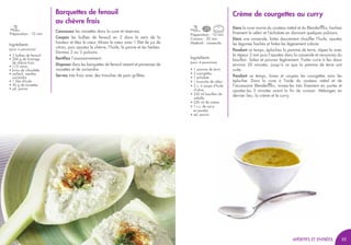 55
Préparation : 10 min
Barquettes de fenouil
au chèvre frais
Concassez les noisettes dans la cuve et réservez.
Coupez les bulbes de fenouil en 2 dans le sens de la
hauteur et ôtez le cœur. Mixez le cœur avec 1 filet de jus de
citron, puis ajoutez le chèvre, l’huile, le poivre et les herbes.
Donnez 2 ou 3 pulsions.
Rectifiez l’assaisonnement.
Disposez dans les barquettes de fenouil restant et parsemez de
noisettes et de coriandre.
Servez très frais avec des tranches de pain grillées.
Ingrédients
(pour 4 personnes)
• 2 bulbes de fenouil
• 200 g de fromage
de chèvre frais
• 1/2 citron
• brins de ciboulette
• cerfeuil, menthe,
coriandre
• 1 filet d’huile
• 50 g de noisettes
• sel, poivre
Crème de courgettes au curry
Dans la cuve munie du couteau métal et du Blendermix, hachez
finement le céleri et l’échalote en donnant quelques pulsions.
Dans une casserole, faites doucement chauffer l’huile, ajoutez
les légumes hachés et faites-les légèrement colorer.
Pendant ce temps, épluchez la pomme de terre, râpez-la avec
le râpeur 2 mm puis l’ajoutez dans la casserole et recouvrez du
bouillon. Salez et poivrez légèrement. Faites cuire à feu doux
environ 20 minutes, jusqu’à ce que la pomme de terre soit
cuite.
Pendant ce temps, lavez et coupez les courgettes sans les
éplucher. Dans la cuve à l'aide du couteau métal et de
l'accessoire Blendermix, mixez-les très finement en purée et
ajoutez-les 5 minutes avant la fin de cuisson. Mélangez en
dernier lieu, la crème et le curry.
Ingrédients
(pour 4 personnes)
• 1 pomme de terre
• 2 courgettes
• 1 échalote
• 1 branche de céleri
• 2 c. à soupe d’huile
d’olive
• 250 ml bouillon de
volaille
• 250 ml de crème
• 1 c.c. de curry
en poudre
• sel, poivre
Préparation : 10 min
Cuisson : 20 min
Matériel : casserole
APÉRITIFS ET ENTRÉESAPÉRITIFS ET ENTRÉES
 