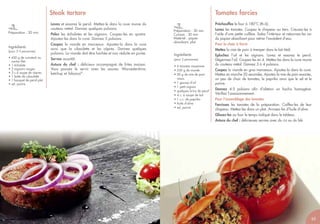 63
Préchauffez le four à 180°C (th.6).
Lavez les tomates. Coupez le chapeau au tiers. Creusez-les à
l’aide d’une petite cuillère. Salez l’intérieur et retournez-les sur
du papier absorbant pour retirer l’excédent d’eau.
Pour la chair à farcir
Mettez la mie de pain à tremper dans le lait tiédi.
Epluchez l’ail et les oignons. Lavez et essorez le persil.
Dégermez l’ail. Coupez-les en 4. Mettez-les dans la cuve munie
du couteau métal. Donnez 3 à 4 pulsions.
Coupez la viande en gros morceaux. Ajoutez-la dans la cuve.
Mettez en marche 20 secondes. Ajoutez la mie de pain essorée,
un peu de chair de tomates, le paprika ainsi que le sel et le
poivre.
Donnez 4-5 pulsions afin d’obtenir un hachis homogène.
Vérifiez l’assaisonnement.
Pour l'assemblage des tomates
Farcissez les tomates de la préparation. Coiffez-les de leur
chapeau. Mettez-les dans un plat. Arrosez-les d’huile d’olive.
Glissez-les au four le temps indiqué dans le tableau.
Astuce du chef : délicieuses servies avec du riz ou du blé.
Préparation : 30 min
Cuisson : 30 min
Matériel : papier
absorbant, plat
Ingrédients
(pour 3 personnes)
• 6 tomates moyennes
• 250 g de viande
• 50 g de mie de pain
rassis
• 1 gousse d’ail
• 1 petit oignon
• quelques brins de persil
• 4 c. à soupe de lait
• 1 c.c. de paprika
• huile d’olive
• sel, poivre
Tomates farcies
Préparation : 20 min
Steak tartare
Lavez et essorez le persil. Mettez-le dans la cuve munie du
couteau métal. Donnez quelques pulsions.
Pelez les échalotes et les oignons. Coupez-les en quatre.
Ajoutez-les dans la cuve. Donnez 5 pulsions.
Coupez la viande en morceaux. Ajoutez-la dans la cuve
ainsi que la ciboulette et les câpres. Donnez quelques
pulsions. La viande doit être hachée et non réduite en purée.
Servez aussitôt.
Astuce du chef : délicieux accompagné de frites maison.
Vous pouvez le servir avec les sauces: Worcestershire,
ketchup et Tabasco®
.
Ingrédients
(pour 2-3 personnes)
• 450 g de rumsteck ou
contre filet
• 1 échalote
• 2 oignons rouges
• 3 c.à soupe de câpres
• 1 botte de ciboulette
• 1 bouquet de persil plat
• sel, poivre
63
 