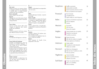 Dauphinois : Soufflé au parmesan
Jambonnettes de volaille
Gratin de pommes de terre et navets
Tarte au chocolat et noix de pécan
Provençal : Flan de tomates
Courgettes farcies
Figues confites au coulis d’agrumes
Italien : Carpaccio d’artichauts et parmesan
Pizza aux légumes
Tiramisu
Mexicain : Guacamole
Chili con carne
Mousse de mangues
Anglais : Crème de petits pois à la menthe
Poulet farci aux épinard
Crumble aux pommes
Parisien : Tartare de saumon
Méli-mélo de carottes et courgettes
Mousse glacée aux framboises
Américain : Salade waldorf
Croquettes de crabe Maryland
Gâteau aux carottes
Normand : Velouté aux champignons
Filets de truite à l’oseille et au cidre
Tarte aux pommes
Végétarien : Crème de lentilles
Tourte aux pommes de terre
Clafoutis aux prunes
Sud-Ouest : Crique aux pommes de terre
Lotte au vin de Médoc
Poires aux épices
Indexdesmenus
Glossaire
18
21
23
27
29
31
33
35
38
40
B –––––––––––––––––––––––––––––––
Bain marie
Mode de cuisson qui consiste à placer
un récipient contenant une préparation
à chauffer dans un second récipient
contenant de l’eau en ébullition.
Beurre pommade
Beurre ramolli, mais pas fondu.
Blanchir
Mélanger du sucre et des jaunes d’œufs
pour obtenir une préparation mousseuse
presque blanche.
C –––––––––––––––––––––––––––––––
Cuire à blanc
C’est la cuisson d’une pâte avant
d’ajouter la garniture, pour assurer
qu’elle soit croustillante.
Chinois
C'est une passoire de forme conique
pour filtrer les sauces, les coulis...
J ––––––––––––––––––––––––––––––––
Juliennes
Fins bâtonnets de légumes ou de fruits.
L ––––––––––––––––––––––––––––––––
Levure fraîche de boulanger
S’achète en boulangerie ou dans les
boutiques de produits diététiques. Si
vous utilisez de la levure fraîche,
conservez-la au frais.
La levure sèche de boulangerie se trouve
facilement dans le commerce. Elle se
conserve plus longtemps (env. 6 mois).
Si vous utilisez de la levure sèche divisez
la quantité de levure fraîche par 2.
M –––––––––––––––––––––––––––––––
Moule à manqué
Moule rond avec un rebord haut. On
s’en sert pour cuire les clafoutis, les
gâteaux au chocolat...
N –––––––––––––––––––––––––––––––
Napper
Recouvrir uniformément une préparation
avec une sauce.
P –––––––––––––––––––––––––––––––
Pâton
Boule de pâte (pain, brioche...) avant le
façonnage.
Poche à douille
Cornet en toile ou en papier dans lequel
on introduit un apprêt (crème, pâte à
choux, ganache…) afin de décorer
préparer, ou garnir une préparation.
Pocher
Cuire un aliment dans un liquide (eau,
courtbouillon ou sauce) sans le porter à
ébullition.
R –––––––––––––––––––––––––––––––
Rabattre
Consiste à donner 3/4 pulsions pour
faire retomber la pâte.
Ou à ramener les ingrédients dans la
cuve à l’aide de la spatule.
Réduire
Faire évaporer le liquide d’une
préparation à feu doux.
76 77
 