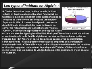 Les types d’habitats en Algérie :
A l’instar des autres pays du tiers monde, le tissu
urbain en Algérie est constitué d’un Patchwork de
typologies, Le mode d’habiter et les appropriations de
l’espace se transcrivent Sur l’espace urbain pour
façonner la ville. A travers l’analyse du processus
d’évolution du Mode d’habiter nous tenterons de
cerner les mécanismes de fabrications de l’habitat.
A Priori, les modes d’appropriation de l’espace habité
en relation avec les typologies d’habitat Ainsi que l’évolution socioéconomique
et socioculturelle de la famille algérienne ont des Incidences importantes sur
l’espace bâti ; En Algérie et après des phases successives de domination,
l’architecture de l’habitat postcolonial est plus emprunte de l’architecture
fonctionnaliste du XXème siècle que de l’architecture traditionnelle, les modèles
occidentaux gagnent du terrain et la pratique de l’habiter s’internationalise en
même temps que les modes de vie, les besoins et les aspirations d’une société
en mutation.
 
