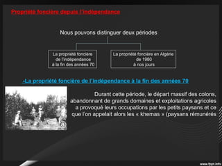 Propriété foncière depuis l’indépendance
Nous pouvons distinguer deux périodes
La propriété foncière
de l’indépendance
à la fin des années 70
La propriété foncière en Algérie
de 1980
à nos jours
-La propriété foncière de l’indépendance à la fin des années 70
Durant cette période, le départ massif des colons,
abandonnant de grands domaines et exploitations agricoles
a provoqué leurs occupations par les petits paysans et ce
que l’on appelait alors les « khemas » (paysans rémunérés
par le 1/5 de la récolte)
 