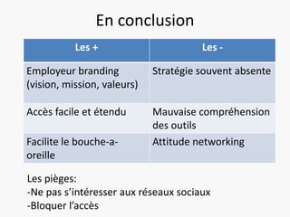 En conclusion
           Les +                       Les -

Employeur branding           Stratégie souvent absente
(vision, mission, valeurs)

Accès facile et étendu       Mauvaise compréhension
                             des outils
Facilite le bouche-a-        Attitude networking
oreille

Les pièges:
-Ne pas s’intéresser aux réseaux sociaux
-Bloquer l’accès
 