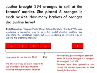 Justine brought 294 oranges to sell at the
farmers’ market. She placed 6 oranges in
each basket. How many baskets of oranges
did Justine have?
Trish Donaldson (Voyager Public Chater School, Honolulu, HI) asked “We were
wondering a supportive way to solve this model drawing problem. We
understand the conceptual model, but were wondering an effective way of
showing the problem pictorially.”


    6           6          6             6                           6


                                                 Alternatively, pose a simpler problem.
How many 6’s are there in 294?       294
                                                 What if Justine brought 12 oranges?
                                                 18 oranges? 24? 30?
The alternate way does not require the           Students may then generalize and
use of a model but helps students                choose the correct operation to solve
visualize through a simpler situation.           the original problem.
 