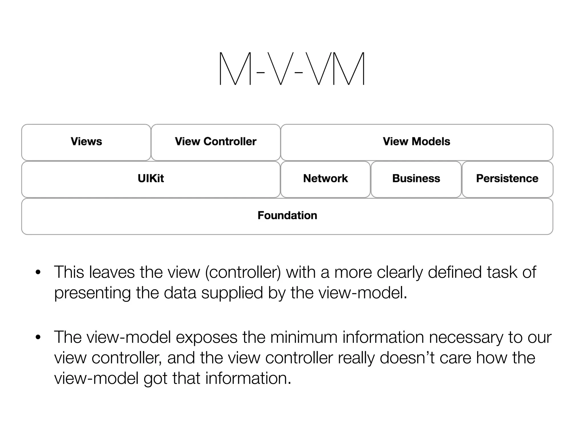 • This leaves the view (controller) with a more clearly deﬁned task of presenting the data supplied by the view-model. • The view-model exposes the minimum information necessary to our view controller, and the view controller really doesn’t care how the view-model got that information. M-V-VM 