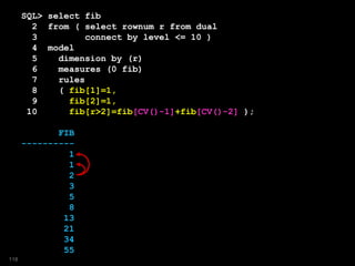 SQL> select fib
2 from ( select rownum r from dual
3 connect by level <= 10 )
4 model
5 dimension by (r)
6 measures (0 fib)
7 rules
8 ( fib[1]=1,
9 fib[2]=1,
10 fib[r>2]=fib[CV()-1]+fib[CV()-2] );
FIB
----------
1
1
2
3
5
8
13
21
34
55
118
 