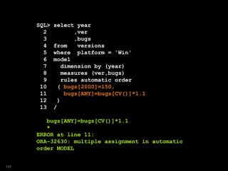 SQL> select year
2 ,ver
3 ,bugs
4 from versions
5 where platform = 'Win'
6 model
7 dimension by (year)
8 measures (ver,bugs)
9 rules automatic order
10 ( bugs[2000]=150,
11 bugs[ANY]=bugs[CV()]*1.1
12 )
13 /
bugs[ANY]=bugs[CV()]*1.1
*
ERROR at line 11:
ORA-32630: multiple assignment in automatic
order MODEL
145
 