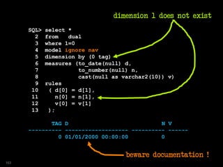 SQL> select *
2 from dual
3 where 1=0
4 model ignore nav
5 dimension by (0 tag)
6 measures (to_date(null) d,
7 to_number(null) n,
8 cast(null as varchar2(10)) v)
9 rules
10 ( d[0] = d[1],
11 n[0] = n[1],
12 v[0] = v[1]
13 );
TAG D N V
---------- ------------------- ---------- ------
0 01/01/2000 00:00:00 0
dimension 1 does not exist
beware documentation !
163
 
