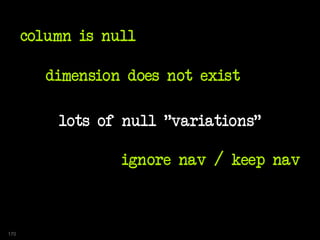 lots of null "variations"
column is null
dimension does not exist
ignore nav / keep nav
170
 